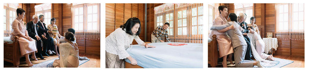 ผู้ใหญ่ทำพิธีปูที่นอนเรียงหมอนในพิธีส่งตัวเข้าหอ
